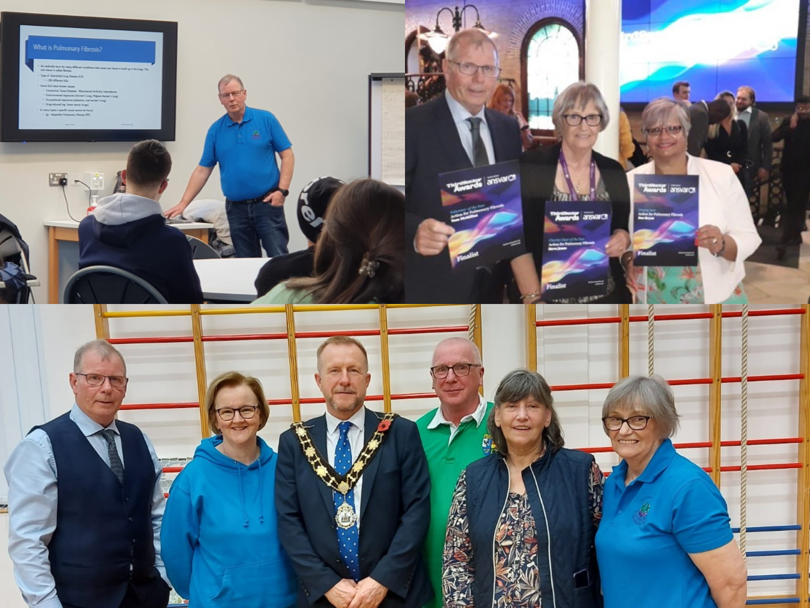 A collage of photos of Tom & Una at charity conferences and events